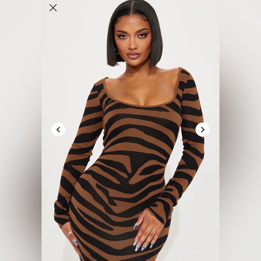 Fashion Nova Zebra Print Long Sleeve Dress Black and Brown Size Medium - Picture 2 of 6